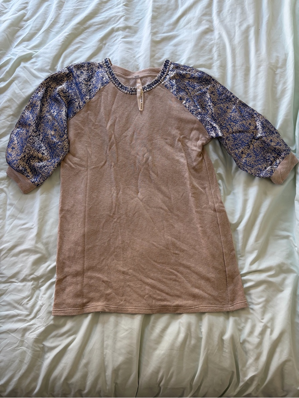 Tan Raglan Sweatshirt Dress with Metallic Blue Sleeves